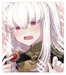 Rule 34 | 1girl, blush, epaulettes, fire emblem, fire emblem: three houses, komagusa, long hair, long sleeves, looking at viewer, lysithea von ordelia, nintendo, open mouth, pink eyes, purple eyes, simple background, solo, uniform, upper body, white background, white hair