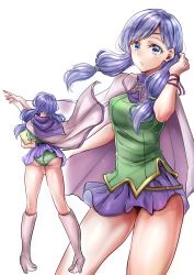 Rule 34 | 1girl, ass, blue eyes, book, boots, cape, circlet, fire emblem, fire emblem: path of radiance, green panties, hand in own hair, high heel boots, high heels, highres, holding, holding book, ilyana (fire emblem), long hair, low-tied long hair, miniskirt, multiple views, nintendo, open mouth, panties, pantyshot, purple hair, purple skirt, simple background, skirt, standing, thighhighs, thighs, underwear, white background, yui (msy1302mana), zettai ryouiki
