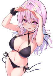 Rule 34 | 1girl, bikini, blush, breasts, cleavage, commentary request, cowboy shot, cu-no, groin, hair between eyes, hisen kaede, large breasts, long hair, looking at viewer, navel, open mouth, pink hair, purple eyes, scrunchie, side-tie bikini bottom, simple background, smile, solo, string bikini, swimsuit, thighs, white background, wrist scrunchie, yayoi sakura