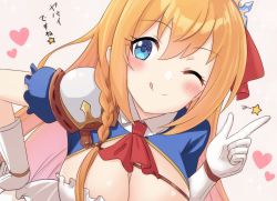 Rule 34 | 1girl, ;p, bad id, bad pixiv id, blue eyes, blush, braid, breasts, cleavage, engiyoshi, gloves, hair ribbon, heart, highres, large breasts, long hair, looking at viewer, one eye closed, orange hair, pecorine (princess connect!), princess connect!, puffy short sleeves, puffy sleeves, red ribbon, ribbon, short sleeves, solo, split mouth, tiara, tongue, tongue out, white gloves