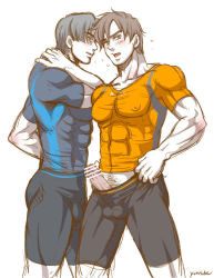 Rule 34 | 2boys, abs, blush, erection, male focus, multiple boys, muscular, nintendo, pectorals, penis, sweat, undressing, wii fit, wii fit trainer, wii fit trainer (male), yunisuke