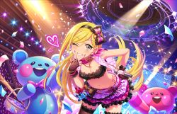 Rule 34 | 10s, 1girl, animal costume, artist request, bare shoulders, bear costume, belt, blonde hair, blush, bow, breasts, cleavage, collarbone, confetti, earrings, fingerless gloves, fingernails, fishnet thighhighs, fishnets, frills, fujimoto rina, gloves, grey eyes, grin, gyaru, hair bow, idolmaster, idolmaster cinderella girls, idolmaster cinderella girls starlight stage, jewelry, lace, lace-trimmed legwear, lace trim, leaning forward, long fingernails, long hair, looking at viewer, makeup, medium breasts, microphone, nail polish, navel, necklace, official art, pink nails, skirt, smile, solo, stage, standing, tattoo, thighhighs, zettai ryouiki