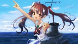 Rule 34 | 10s, 1girl, :d, bare shoulders, blue sky, brown hair, cloud, cloudy sky, dark-skinned female, dark skin, day, dress, fang, hair ribbon, kantai collection, libeccio (kancolle), ocean, open mouth, pointing, pointing up, ribbon, sailor dress, school uniform, sky, sleeveless, smile, solo, tamae (pixiv40276), twintails, water