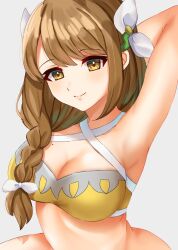 Rule 34 | 1girl, arm behind head, arm up, bikini, braid, breasts, brown eyes, brown hair, cleavage, closed mouth, edamameoka, fire emblem, fire emblem engage, goldmary (fire emblem), hair ornament, hair ribbon, highres, large breasts, looking at viewer, low-braided long hair, low-tied long hair, medium breasts, medium hair, nintendo, ribbon, side braid, solo, swimsuit, white ribbon, yellow bikini