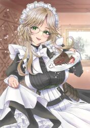 Rule 34 | 1girl, :d, ade (nikke), apron, belt pouch, blonde hair, bow, bowtie, braid, breasts, cake, cake slice, chest harness, conakiggy, cowboy shot, eyewear strap, food, glasses, goddess of victory: nikke, green eyes, harness, heart, highres, holding, holding plate, juliet sleeves, large breasts, light blush, long sleeves, maid, maid headdress, open mouth, plate, pouch, puffy sleeves, smile, solo, white bow, white bowtie