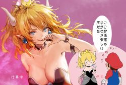 Rule 34 | 1boy, 1girl, 888myrrh888, armlet, bag, bare shoulders, black collar, black dress, black nails, blonde hair, blush, bowsette, bracelet, breasts, cleavage, collar, collarbone, crown, dress, earrings, closed eyes, facial hair, fingernails, food, hat, heart, holding, holding bag, horns, ice cream, jewelry, large breasts, licking lips, looking at viewer, mario, mario (series), nail polish, new super mario bros. u deluxe, nintendo, overalls, pink background, plumber, pointy ears, sharp fingernails, shopping bag, skirt, smile, spiked armlet, spiked bracelet, spiked collar, spikes, strapless, strapless dress, super crown, tongue, tongue out, translation request
