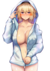 Rule 34 | 1girl, alternate hairstyle, black hairband, blonde hair, blue eyes, blue jacket, blush, breasts, coat, collarbone, commentary request, cowboy shot, fate/grand order, fate (series), gluteal fold, hair between eyes, hair down, hairband, hood, hooded jacket, jacket, jeanne d&#039;arc (fate), jeanne d&#039;arc (ruler) (fate), jeanne d&#039;arc (swimsuit archer) (fate), jeanne d&#039;arc (swimsuit archer) (first ascension) (fate), large breasts, lips, long hair, long sleeves, looking at viewer, naked coat, navel, no bra, open clothes, open jacket, parted lips, satou daiji, simple background, solo, standing, thigh gap, thighs, unzipped, unzipping, very long hair, white background