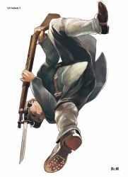 Rule 34 | 1boy, arisaka, attack, bayonet, belt, black hair, bolt action, boots, brown belt, brown footwear, commentary request, from below, gaiters, golden kamuy, grey jacket, grey pants, gun, hat, highres, holding, holding gun, holding weapon, imperial japanese army, jacket, kepi, long sleeves, looking at viewer, male focus, military, military hat, military uniform, mmt0180, pants, pouch, rifle, simple background, solo, standing, translation request, tsukishima hajime, uniform, weapon, white background, yellow eyes