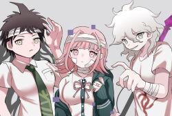 Rule 34 | 1girl, 2boys, ahoge, badge, bandaged arm, bandaged head, bandaged neck, bandages, bandaid, bandaid on cheek, bandaid on face, breast pocket, breasts, brown hair, collared shirt, danganronpa (series), danganronpa 2: goodbye despair, flipped hair, frown, green jacket, green necktie, hinata hajime, ikemen&#039;na ore-shi, jacket, komaeda nagito, large breasts, multiple boys, nanami chiaki, neck ribbon, necktie, off shoulder, open clothes, open jacket, pink eyes, pink ribbon, pocket, print shirt, ribbon, shirt, short hair, short sleeves