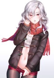 Rule 34 | 1boy, bad id, bad pixiv id, black pantyhose, clothes pull, coat, commentary request, crop top, gradient background, grey coat, grey hair, hair between eyes, highres, pantyhose under shorts, long hair, long sleeves, looking at viewer, male focus, midriff, navel, open clothes, open coat, open shorts, original, pantyhose, pantyhose pull, parted lips, red eyes, red scarf, red shorts, revision, ribbed sweater, scarf, short shorts, shorts, shorts pull, sleeves past wrists, solo, standing, stomach, sweater, trap, wakahiko