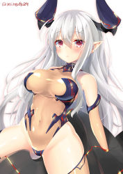 Rule 34 | 10s, 1girl, absurdres, bad id, bad pixiv id, blush, borrowed character, breasts, colo mag-chan, draph, eyebrows, granblue fantasy, hair between eyes, highres, horns, large breasts, leotard, long hair, looking at viewer, mirea, pointy ears, red eyes, renka (llawliet39), see-through, see-through leotard, simple background, solo, thighhighs, twitter username, white background, white hair