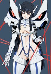 Rule 34 | 1girl, absurdres, armor, black hair, blue eyes, contrapposto, gloves, groin, highres, hime cut, kill la kill, kiryuuin satsuki, long hair, looking at viewer, navel, pauldrons, porqueloin, shoulder armor, sidelocks, skindentation, smirk, solo, thick eyebrows, thighhighs
