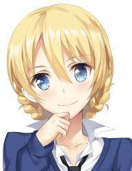 Rule 34 | 10s, 1girl, black necktie, blue eyes, blue jacket, blush, braid, closed mouth, collared shirt, commentary request, darjeeling (girls und panzer), girls und panzer, hand on own chin, hand up, head tilt, jacket, long hair, looking at viewer, necktie, popped collar, shirt, simple background, smile, solo, tonee, upper body, white background, white shirt