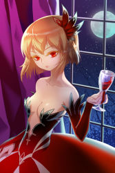 Rule 34 | 1girl, alcohol, bare shoulders, breasts, collarbone, cup, curtains, dress, drinking glass, full moon, holding, lignigese, lowres, medium breasts, moon, night, orange hair, red dress, red eyes, short hair, solo, sword girls, tari, window, wine, wine glass
