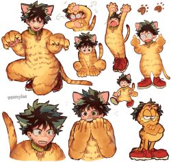 Rule 34 | &gt; &lt;, 1boy, :d, puff of air, absurdres, angry, animal ear fluff, animal ears, animal hands, arm over head, arm up, arms up, bell, between legs, black eyes, bloodshot eyes, blush, blush stickers, bodysuit, boku no hero academia, bright pupils, cat ears, cat paws, cat stretch, cat tail, claws, clenched teeth, collar, commentary, constricted pupils, cosplay, costume, covering face, cropped torso, cross-laced footwear, crossed arms, curly hair, dilated pupils, dot nose, double middle finger, drooping, embarrassed, excited, fang, flying sweatdrops, freckles, garfield, garfield (character), green eyes, green hair, hand between legs, hand to own mouth, hand up, hands up, happy, head down, highres, jingle bell, kigurumi, looking ahead, looking away, looking down, male focus, middle finger, midoriya izuku, midoriya izuku (cosplay), multiple views, neck bell, no nose, official alternate costume, open mouth, paw pose, paw print, raised eyebrows, red footwear, round teeth, shoe soles, shoes, short eyebrows, short hair, simple background, single horizontal stripe, slit pupils, smile, sneakers, squatting, standing, stretching, tabby cat, tail, teeth, upper body, v-shaped eyebrows, walking, white background, white pupils, wide-eyed, yenny (yennyinc)