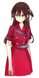 1girl 22/7 belt bow braid braided_hair_rings brown_eyes brown_hair closed_mouth collarbone cowboy_shot dress hair_bow hair_rings highres long_hair looking_to_the_side pink_bow red_belt red_dress short_sleeves simple_background solo standing tachikawa_ayaka trefle_r twin_braids two_side_up white_background