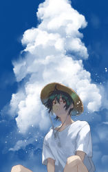 Rule 34 | 1boy, black eyes, black hair, blue sky, bright pupils, chin strap, cloud, day, expressionless, hat, kyouichi, looking at viewer, male focus, original, outdoors, parted lips, shirt, short sleeves, sitting, sky, solo, straw hat, sun hat, t-shirt, white pupils, white shirt