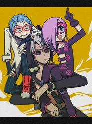 Rule 34 | 3boys, black sclera, blue eyes, blue hair, carrying, colored sclera, domino mask, ghiaccio, glasses, gloves, grey hair, hair over one eye, hat bobbles, highres, jojo no kimyou na bouken, male focus, mask, melone, multiple boys, pointing, purple hair, red-framed eyewear, risotto nero, sameyama jiro, shoulder carry, vento aureo