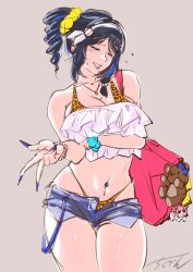 Rule 34 | 1girl, alternate costume, animal print, bag, bikini, black hair, blue hair, blue nails, blue shorts, blush, breasts, chikuden, closed eyes, crop top, doro (nikke), drill hair, exposed pocket, fake nails, goddess of victory: nikke, grin, hairband, highres, large breasts, leopard print, lips, mary (nikke), micro shorts, multicolored hair, navel, navel piercing, piercing, shorts, signature, smile, solo, streaked hair, stuffed toy, swimsuit, white hairband