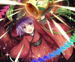 Rule 34 | 1girl, arm up, bad id, bad twitter id, bowl, hagiwara rin, japanese clothes, kimono, long sleeves, miracle mallet, needle, obi, object on head, open mouth, purple hair, red eyes, sash, short hair, smile, solo, sparkle, string, sukuna shinmyoumaru, touhou, wide sleeves