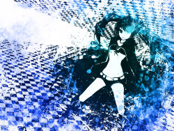 Rule 34 | 10s, 1girl, bad id, bad pixiv id, bikini, bikini top only, black hair, black rock shooter, black rock shooter (character), blue eyes, boots, chihiro 2 (artist), coat, female focus, glowing, glowing eyes, highres, long hair, meola, midriff, monochrome, navel, pale skin, shorts, solo, spot color, swimsuit, twintails, uneven twintails, vocaloid