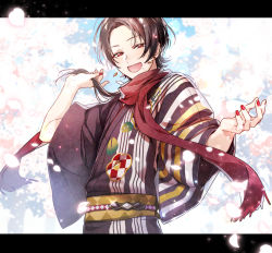 Rule 34 | 1boy, brown hair, cherry blossoms, earrings, highres, hoshi akari, japanese clothes, jewelry, kashuu kiyomitsu, kimono, letterboxed, male focus, mole, mole under mouth, nail polish, open mouth, petals, ponytail, red eyes, red nails, red scarf, scarf, smile, touken ranbu, yukata