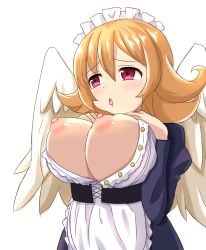 Rule 34 | 1girl, absurdres, blonde hair, blush, breasts, breasts out, female focus, highres, ishuzoku reviewers, large breasts, meidri, nipples, puffy nipples, red eyes, solo, tagme, upper body, white background, wings