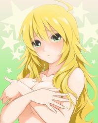 Rule 34 | 1girl, ahoge, blonde hair, blush, collarbone, covering privates, covering breasts, female focus, green background, green eyes, hoshii miki, idolmaster, idolmaster (classic), long hair, looking at viewer, solo, star (symbol), topless frame, tsukiyo umi, upper body