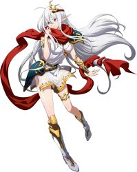Rule 34 | 1girl, ahoge, armlet, armor, asymmetrical footwear, boots, closed mouth, dress, faulds, floating hair, full body, hair between eyes, hair ornament, high heels, highres, knee boots, langrisser, langrisser mobile, long hair, looking at viewer, official art, pointy ears, red eyes, red scarf, scarf, shiny skin, short dress, shoulder armor, side slit, silver hair, sleeveless, sleeveless dress, smile, solo, thighlet, transparent background, very long hair, white dress, white footwear, zerida