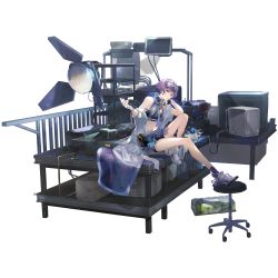 Rule 34 | 1girl, bare shoulders, black shorts, cable, can, crop top, drink can, expressionless, fresnel (neural cloud), full body, game cg, girls&#039; frontline, girls&#039; frontline neural cloud, goggles, goggles on head, head rest, highres, holding, knee up, lab coat, light, looking at viewer, midriff, navel, off shoulder, official art, purple eyes, purple hair, see-through, short hair, shorts, sitting, sitting on table, soda can, solo, table, transparent background