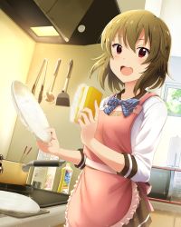 Rule 34 | 1girl, apron, bad id, bad pixiv id, bow, bowtie, brown hair, commentary request, dutch angle, highres, idolmaster, idolmaster million live!, kitchen, looking at viewer, nagayoshi subaru, open mouth, plate, pot, red eyes, short hair, siokazunoko, solo, sponge