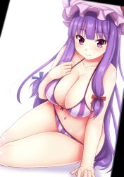Rule 34 | 1girl, alternate costume, arm support, bikini, blush, bow, breasts, cleavage, ebi 193, female focus, front-tie top, hair bow, hat, large breasts, looking at viewer, navel, patchouli knowledge, simple background, smile, solo, striped bikini, striped clothes, swimsuit, touhou