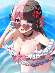 Rule 34 | 1girl, absurdres, anger vein, bikini, black bow, black collar, blue eyes, bow, braid, breasts, brown hair, collar, collarbone, french braid, frilled bikini, frills, front-tie bikini top, front-tie top, frown, gerbera152, hair bow, hand on own hip, heart, heart-shaped eyewear, highres, large breasts, leaning forward, long hair, looking at viewer, multicolored hair, navel, off-shoulder bikini, off shoulder, open mouth, pink-framed eyewear, pink bikini, pink bow, pink hair, solo, split-color hair, streaked hair, sunglasses, swimsuit, tachibana hinano (summer c102), tachibana hinano (vtuber), two-tone hair, very long hair, virtual youtuber, vspo!, wading, water