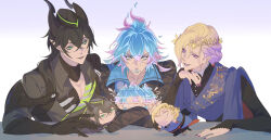 Rule 34 | 3boys, black coat, black hair, blonde hair, blue hair, character doll, coat, commentary request, disney tsum-tsum, dragon boy, dragon horns, fiery hair, fishee (fisheem4mmal), gradient background, green eyes, highres, holding, horns, idia shroud, long hair, male focus, malleus draconia, multiple boys, pointy ears, purple eyes, sharp teeth, short hair, simple background, sitting, sweat, table, teeth, tsum-tsum, twisted wonderland, upper body, vil schoenheit, yellow eyes