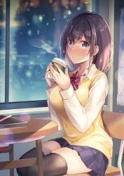 Rule 34 | 1girl, black hair, black thighhighs, blue eyes, blue skirt, bow, breasts, chair, coffee cup, collared shirt, commentary request, cup, diagonal-striped bow, disposable cup, feet out of frame, hair between eyes, highres, holding, holding cup, indoors, large breasts, long sleeves, looking at viewer, on chair, original, parted lips, pleated skirt, red bow, school uniform, shiro kuma shake, shirt, sitting, skirt, solo, sweater vest, table, thighhighs, white shirt, window
