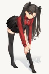 Rule 34 | 1girl, absurdres, adjusting clothes, adjusting legwear, ass, black hair, black skirt, black thighhighs, blue eyes, fate/stay night, fate (series), highres, long hair, long sleeves, miniskirt, okonon (kado colda), skirt, socks, sweater, thighhighs, thighhighs pull, thighs, tohsaka rin, twintails, two side up
