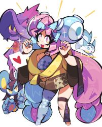 Rule 34 | bow-shaped hair, character hair ornament, creatures (company), game freak, gen 4 pokemon, hair ornament, hexagon print, highres, iono (pokemon), jacket, kaziedell, long hair, low-tied long hair, luxray, mismagius, multicolored hair, nintendo, oversized clothes, pachirisu, pink eyes, pink hair, pokemon, pokemon sv, sharp teeth, sleeves past fingers, sleeves past wrists, teeth, twintails, two-tone hair, very long hair, very long sleeves, x, yellow jacket