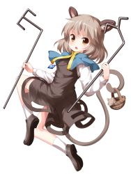 Rule 34 | 1girl, animal ears, basket, blue capelet, brown eyes, capelet, dowsing rod, dress, full body, grey dress, grey footwear, grey hair, highres, holding, jewelry, long sleeves, looking at viewer, mouse (animal), mouse ears, mouse tail, nazrin, open mouth, pendant, ruu (tksymkw), short hair, simple background, tail, touhou, v-shaped eyebrows, white background, white legwear, white sleeves