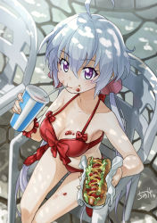 Rule 34 | 10s, 1girl, ahoge, bikini, blush, breasts, cleavage, drinking, drinking straw, food, food on body, food on face, from above, hair between eyes, hot dog, long hair, looking at viewer, low twintails, medium breasts, mouth hold, outdoors, purple eyes, red bikini, senki zesshou symphogear, silver hair, sitting, solo, sunlight, swimsuit, twintails, tyuga, very long hair, yukine chris