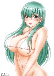 Rule 34 | 1girl, bikini, breasts, cleavage, green hair, hair ornament, hairpin, highres, kantai collection, large breasts, long hair, looking at viewer, micro bikini, navel, open mouth, simple background, smile, solo, suzuya (kancolle), swimsuit, upper body, ura tomomi, white background, white bikini, yellow eyes