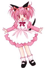 Rule 34 | 00s, 1girl, animal ears, apron, cat ears, cat tail, dress, hair ribbon, ikumi mia, mary janes, momomiya ichigo, open mouth, outstretched arms, pink dress, pink eyes, pink hair, ribbon, shoes, short hair, socks, solo, spread arms, tail, tokyo mew mew