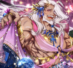 Rule 34 | 2boys, armlet, bare shoulders, beard, blue gemstone, blush, bracelet, clothes lift, cluseller, commission, cropped, crystal, dark-skinned male, dark skin, emphasis lines, facial hair, fangs, fate/grand order, fate (series), floral print, gem, hair ornament, half-closed eyes, hand up, happy, japanese text, jewelry, lev lainur flauros, lifting own clothes, light blush, long hair, looking at viewer, male focus, multiple boys, mustache, nail polish, necklace, o-ring, open mouth, original, pectorals, pink eyes, pink nails, pink skirt, purple background, purple gemstone, revealing clothes, ring, sample watermark, see-through, shiny skin, skirt, skirt lift, smile, solo focus, sparkle, tongue, translation request, two-sided fabric, upper body, watermark, white hair