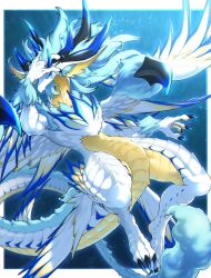 Rule 34 | 1girl, blue eyes, blue hair, claws, commentary request, dragalia lost, dragon girl, dragon horns, dragon tail, dragon wings, feathered wings, furry, furry female, hand on own head, highres, horns, looking at viewer, no humans, paripoi (dragoooon1223), styx (dragalia lost), tail, underwater, wings
