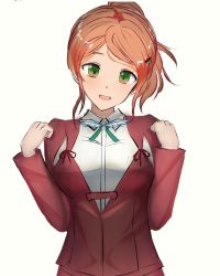 Rule 34 | 1girl, aquila (kancolle), collared shirt, green eyes, hair ornament, hairclip, high ponytail, highres, jacket, kantai collection, kepyrtca, long hair, looking at viewer, one-hour drawing challenge, orange hair, red jacket, shirt, simple background, solo, wavy hair, white background, white shirt