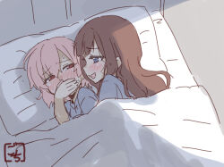Rule 34 | 2girls, :d, artist name, assault lily, bed, blanket, blue eyes, blush, brown hair, commentary request, covering own mouth, gochisousama (tanin050), grey hair, hair between eyes, hair down, hand over own mouth, hand up, heads together, hitotsuyanagi riri, indoors, kaede johan nouvel, long hair, looking at another, looking to the side, lying, multiple girls, nose blush, on bed, on side, open mouth, pillow, pink hair, profile, raised eyebrows, red eyes, shade, short hair, short sleeves, sideways glance, smile, sweat, under covers, yuri