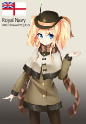 Rule 34 | 1girl, arnold-s, bad id, bad pixiv id, black hat, black pantyhose, blonde hair, blue eyes, blush, brown scarf, closed mouth, glowworm (warship girls r), hat, highres, looking at viewer, pantyhose, scarf, short hair, short twintails, smile, solo, twintails, warship girls r