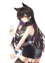 Rule 34 | 1girl, absurdres, animal ears, ass, atago (azur lane), azur lane, bare arms, black dress, black hair, black thighhighs, blue ribbon, blush, breasts, brown eyes, casual, cleavage, closed mouth, counter, dress, earrings, extra ears, garter straps, hair ribbon, hand up, highres, jewelry, koi han, large breasts, lights, long hair, looking at viewer, mole, mole under eye, ribbon, sash, screen, short dress, side slit, simple background, skindentation, sky, sleeveless, sleeveless dress, smile, solo, swept bangs, taut clothes, taut dress, thigh strap, thighhighs, thighs, v, white background, wrist ribbon