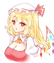 Rule 34 | 1girl, ascot, blonde hair, breasts, collared shirt, commentary, crystal, dress, flandre scarlet, frills, hair between eyes, hat, hat ribbon, jewelry, large breasts, looking to the side, mob cap, multicolored wings, one side up, open mouth, orange ascot, pink dress, pink ribbon, pointy ears, puffy short sleeves, puffy sleeves, raptor7, red eyes, ribbon, shirt, short hair, short sleeves, simple background, solo, symbol-only commentary, touhou, upper body, white background, white hat, white shirt, wings