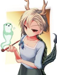 Rule 34 | 1girl, antlers, blonde hair, blue shirt, collarbone, commentary request, crossed arms, dragon horns, dragon tail, from above, furrowed brow, gradient background, grey skirt, hand on own elbow, hansode32, highres, holding, holding smoking pipe, horns, kicchou yachie, kiseru, looking at viewer, otter spirit (touhou), puff of air, red eyes, shirt, short hair, skirt, sleeves past elbows, smile, smoking pipe, solo, standing, tail, touhou, turtle shell, upper body, white background, yellow background