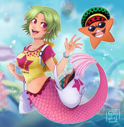 Rule 34 | 1girl, 1other, bag, blurry, blurry background, bracelet, breasts, bubble, camie (one piece), clenched hand, commentary, crop top, english commentary, green hair, hat, highres, holding, holding bag, in water, jewelry, large breasts, looking to the side, mermaid, monster girl, one piece, open mouth, pappug, pink shirt, shirt, short hair, shuravf, smile, starfish, sunglasses, two-tone shirt, underwater, yellow shirt